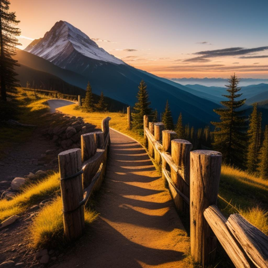 A path leading to the top of a mountain at sunrise