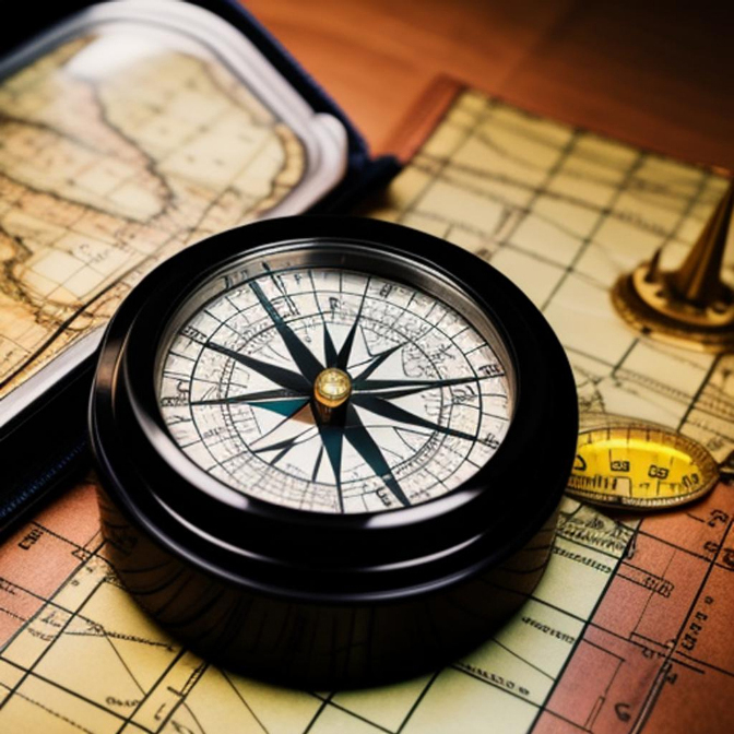 a magnifying glass and compass on top of a map